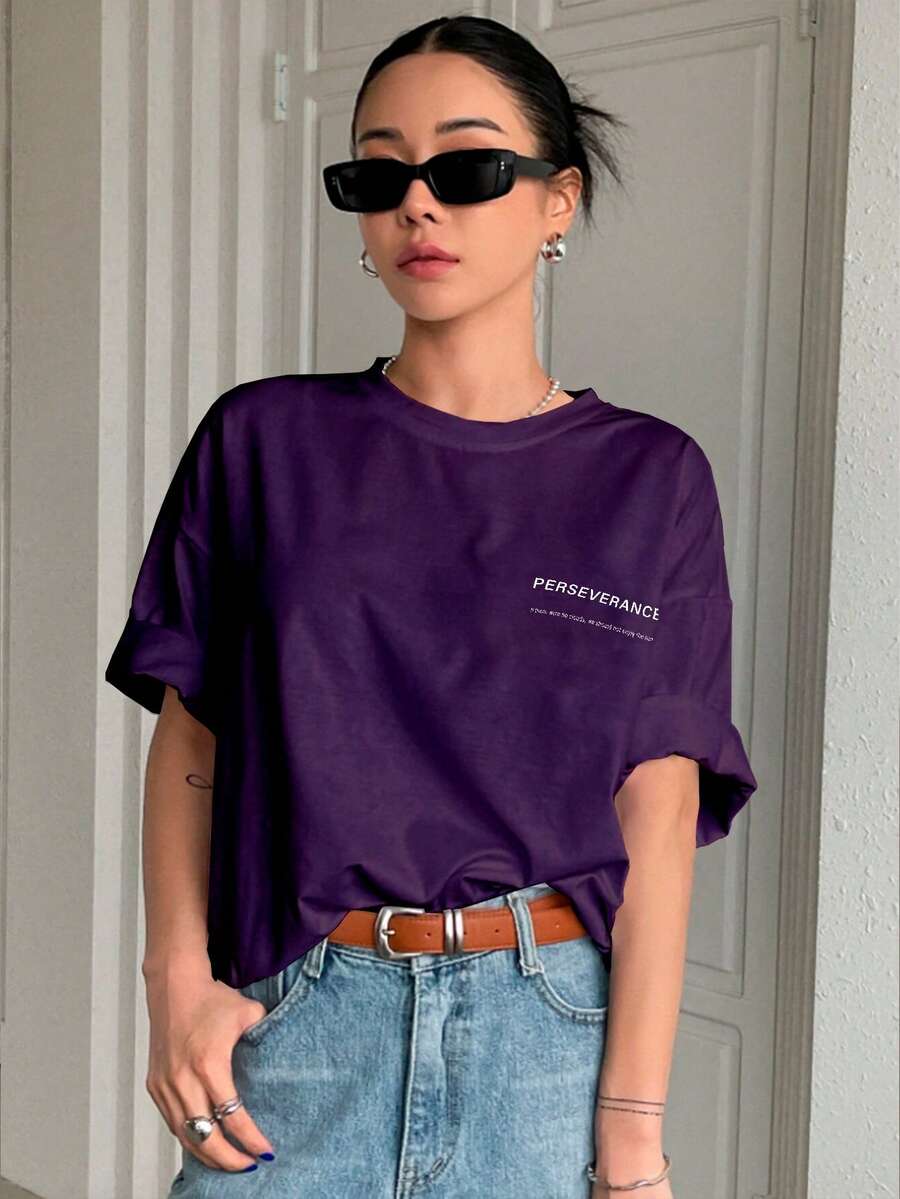 T-Shirt With "Perseverance" Print Lettering. Minimalist, Casual, Modern, Sophisticated, Simple, Basic, Summer, Oversized. - Purple - View 1