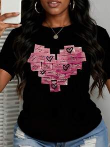 Heart Shape Patchwork Design Love Quotes T Shirt For Women Casual Fashion Top With Romantic Messages And Pink Watercolor Pattern - màu đen - Xem 2