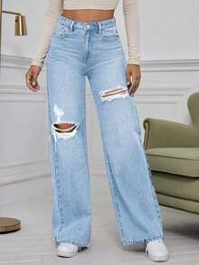 Teenage Wide Leg Washed Distressed Jeans, Fashion For Women - Baby Blue - View 2