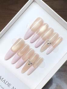 Pure Handmade Wearable Nails; Thin High Heels Nail Shape; Handmade Hand-Painted Pink Cat Eye French Nails; High-Quality Temperament Simple Design, Autumn And Winter Nails, Full Coverage False Nails, Y2K Nails, Unique And Niche Creative False Nails, Daily Nails, Cute Modern Style Nails, Daily Use, Detachable And Reusable. - Multicolor - View 4