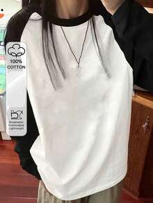 女士 Y2K 黑白撞色插肩袖百搭叠穿宽松休闲日常罗纹圆领 T 恤 - 黑與白 - 查看 5