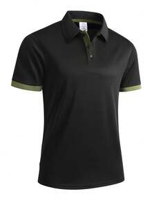 男士拼色四分之一鈕扣 Polo 衫，休閒週末 T-shirt，經典版型夏季運動上衣 - 黑色 - 查看 6