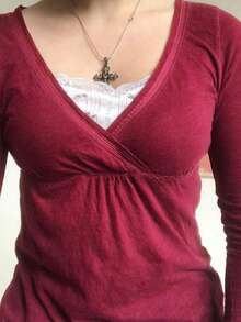 Women's Retro Style Lace Trimmed Long Sleeve T Shirt Fairy Style Slim Fit Crop Top With V Neck Shine Warm And Comfortable Streetwear Style For Everyday Wear Outings Home Music Festivals Parties Shopping Dates Christmas And Autumn/Winter Seasons - 紅色 - 查看 2