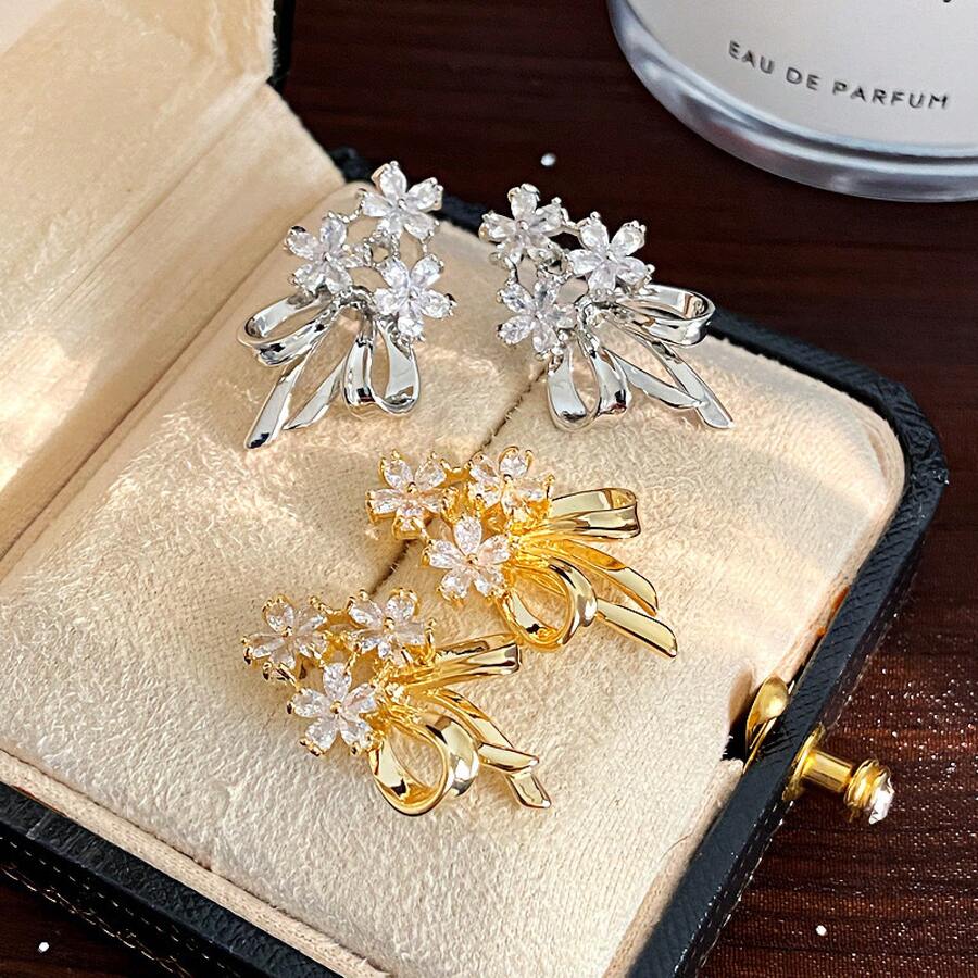 Forest Style  Flower Metal Bowknot Earrings French Retro High-End Earrings Exquisite Light Luxury Fashion Ear Jewelry - E6357 Silver Needle - Silver - View 1