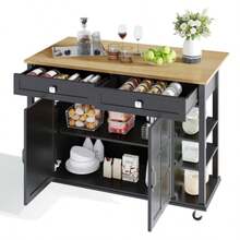 Multi-Function Kitchen Wagon With Hinged Plate, 120 X 65 Cm Wide, 2 Shelves, Geräumige Aufbewahrung, Auf Rollen – Stilvoller Servierwagen Für Küche, Esszimmer & Wohnzimmer - Black - View 2