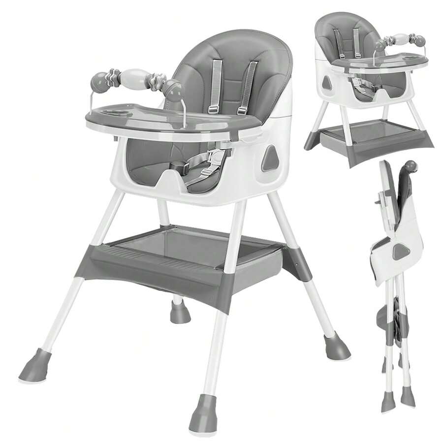 Piorlado Adjustable Height Children's High Chair Portable Foldable Baby High Chair With Large Antislip Pad & Toy Rack Easy To Clean Feeding For Babies Infants Toddlers - Grey - View 1