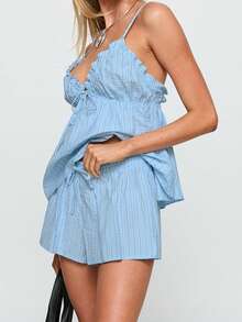 Conjuntos de pijama a rayas para mujer, camisetas de tirantes finos sin espalda de verano con pantalones cortos, ropa de dormir suave - Azul - Ver 4