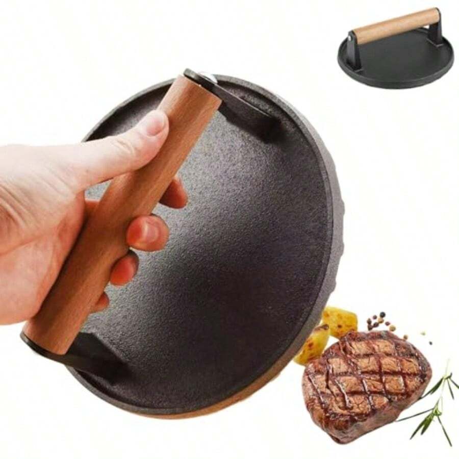 YQQ Prensa de Hamburguesas de Hierro FundidoPrensa de Tocino Prensa de Hierro Fundido con Mango Prensa Plana de Parrilla Redonda Prensa Redonda para Barbacoa de 17 Cm para Todo Tipo de Cocinas Y Parrilla2179 - como en la foto - Ver 1