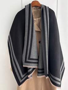 1pc Women's Reversible Faux Cashmere Color Block Fashion Versatile Air Conditioning Shawl Scarf, Thick & Warm For Daily Use, Autumn/Winter - Black - View 2