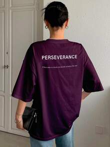 T-Shirt With "Perseverance" Print Lettering. Minimalist, Casual, Modern, Sophisticated, Simple, Basic, Summer, Oversized. - Burgundy - View 2