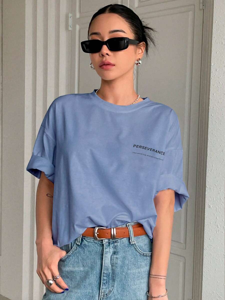 T-Shirt With "Perseverance" Print Lettering. Minimalist, Casual, Modern, Sophisticated, Simple, Basic, Summer, Oversized. - Baby Blue - View 1