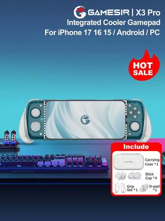  1 pieza GameSir X3 Pro, controlador de juegos móvil con refrigerador integrado, compatible con iPhone 17, 16, 15, iOS, Android, HarmonyOS, con agarre, longitud del dispositivo compatible 110-180mm, giroscopio de 6 ejes, motores de vibración, joysticks de efecto Hall, función turbo, conexión Type-C