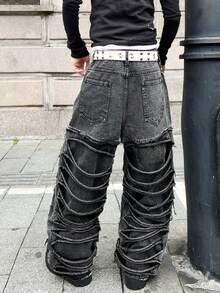 1 pezzo Jeans larghi stile di strada americano uomo, stile casual e comodo, moda casual di alta strada, versatile per tutte le stagioni (cintura e accessori non inclusi) - nero - Visualizzare 10