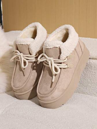 2025 Vinter Retro Korta Snökängor med Tjock Botten För Damer, Plyschfodrade Varma Snökängor med Ökad Höjd, Svarta & Beige