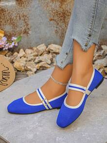 大码 35-43 亮片时尚方头平底鞋，优雅女士套脚鞋，适合春秋季穿着 - 寶藍色細紋布面 - 查看 4