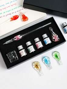 花朵玻璃蘸水笔，学生绘画书法文具，水晶玻璃笔，送朋友的礼品套装，学校奖品