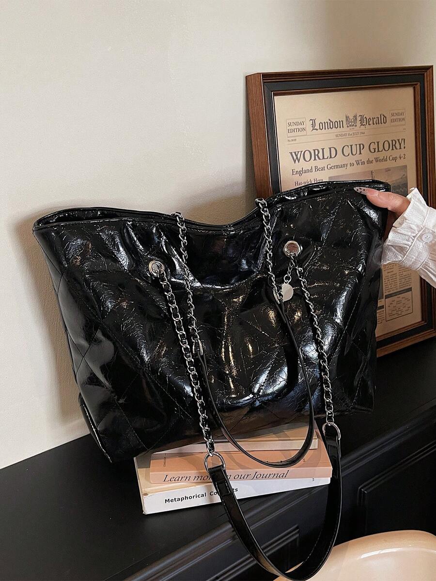 Rhombus Design Large Capacity Tote Bag, Minimalist Versatile Bucket Bag, New Shoulder Bag - Black - View 1