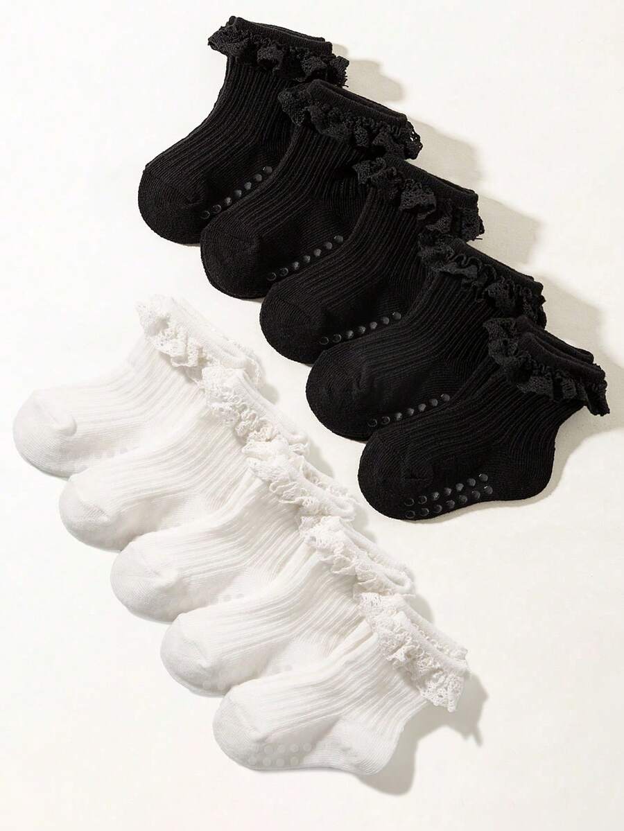 1/5/10 Pairs Baby/Toddler Girls Black & White Non-Slip Dot Socks, Classic Versatile Cute Lace Trim Socks, Minimalist Fashion Soft Breathable Moisture-Wicking Short Socks, Suitable For Holidays, Gifts, Daily Wear, Stage Performance, Campus Activities, Vacation - Multicolor - View 1