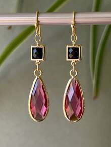 2pcs Elegant Rhinestone Encrusted Pink & Black Teardrop Shaped Vintage Metal Pendant Earrings, Women's Daily, Party, 2026 New Jewelry Accessories - Multicolor - View 1