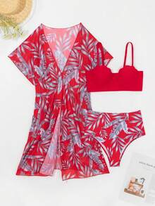 Conjunto De Traje De Baño Con Estampado De Plantas Tropicales Para Mujer,Conjunto de Bikini de Estampado Tropical 3pcs - Rojo - Ver 3