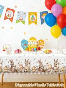 1 pieza Mantel de Pascua, 220x130cm, Mantel desechable de plástico con patrón de huevos de Pascua de color café, conejos y polluelos, Mantel rectangular floral de primavera con conejos, adecuado para la decoración de la mesa de cocina y comedor del hogar en Pascua, Suministros para fiestas de Pascua - Multicolor - Ver 4