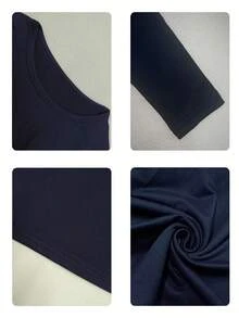 Women's Solid Color Round Neck Long Sleeve Cropped Fitted Long Sleeve T-Shirt, Suitable For Spring, Autumn And Summer Casual - Navy Blue - View 4