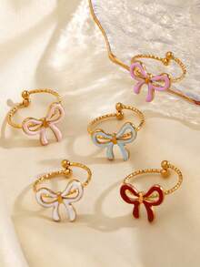 1pc Stainless Steel Fashionable Colorful Ombre Bowknot Ring, Suitable For Women's Daily Wear, Valentine's Day Gift - Multicolor - View 2