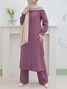 Women's Elegant Fashion Casual Solid Color Ruffle Trim Tie-Up Button Design Long Jacket, Ruffle Trim Lantern Sleeve Maxi Dress And Wide Leg Pants Set, Fashionable Casual Graceful Cute Arabic Style Maxi Dress 2-Piece Set, Suitable For All Seasons - Hot Pink - View 5