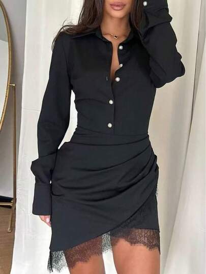 Rochie elegantă de damă, culoare solidă, casual, din dantelă cu nasturi în față, cu guler cămașă, talie cu volane, potrivită pentru ținute de birou în toamnă și primăvară, negru