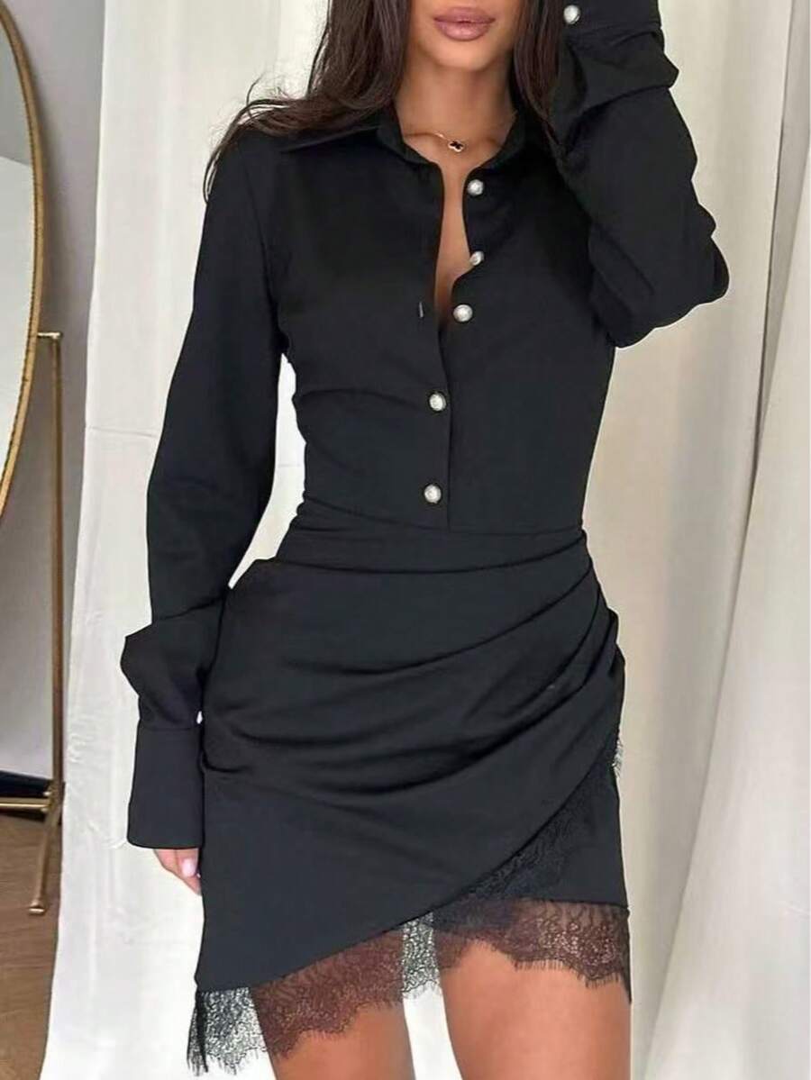 Women's Solid Color Elegant Casual Woven Fabric Front Button Lace Patchwork Ruffle Waist Shirt Collar Dress, Suitable For Office Wear In Autumn And Spring Black - Black - View 1