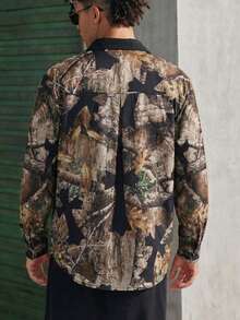 Áo sơ mi dài tay cài nút kiểu dáng thường ngày, họa tiết rằn ri chéo, in kỹ thuật số, phong cách sinh viên, unisex, phong cách đường phố, thích hợp cho mùa xuân/thu. - Đồng - Xem 2