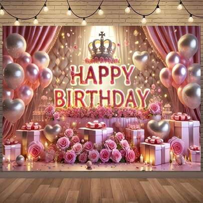 1 PC Birthday Banner With Crown And Pink Roses, Holiday Party Backdrop Decoration, Family Kitchen Event Photography Prop, Multi-Size, Multi-Functional Party Backdrop, Suitable For Unisex Decoration, Indoor And Outdoor Decoration, Photography Studio, Garden Decoration, Party Decoration And Phone Booth.