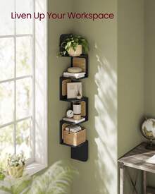 VASAGLE 5-Tier Corner Shelf, Wall Mounted Floating Shelf, Zigzag Corner Shelf Unit, PVC Rattan Sides, Space-Saving, For Kitchen, Living Room, Bedroom, Boho Style, Ash Black - Black - View 4