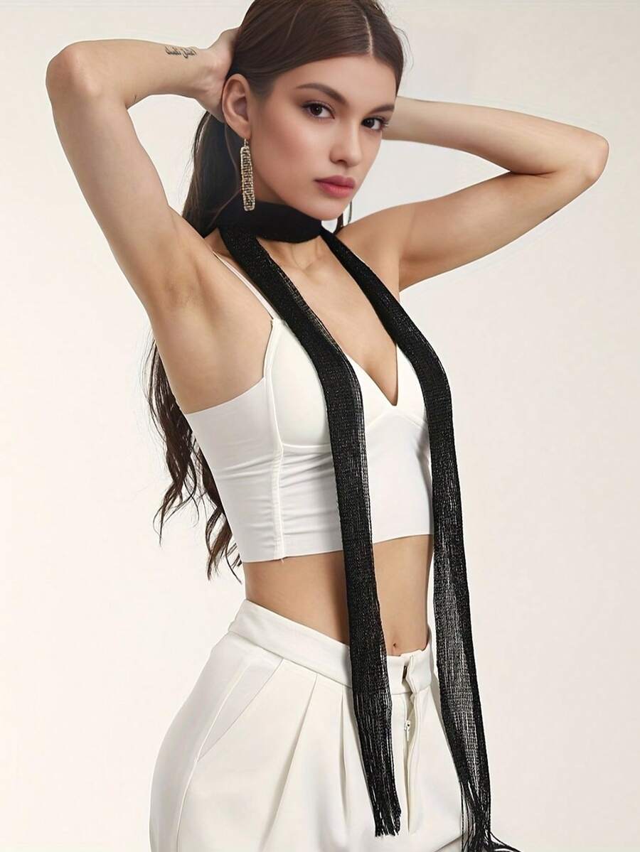 1件纯色流苏亮面围巾披肩配饰,百搭欧美风时尚流苏围巾 - 黑色 - 查看 1