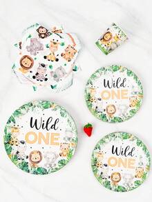1 Set "Wild One" Jungle Animal 1st Birthday Party Disposable Plates, Napkins, Cups, Tablecloth And Banner, Party Supplies Set For 8 Guests, Suitable For Birthday, Wedding, Theme Party, Family Picnic - Multicolor - View 5
