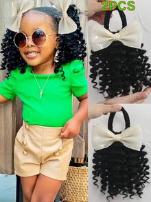 2pcs Ponytail With Yarn Bow Clip Hair 8inch Kids Deep Wave Hair Go Afro Kinky Marley With Elastic For Girls - Natural Black - View 15