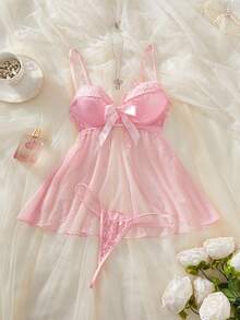 Bộ 2 món đồ lót gợi cảm dành cho nữ, thích hợp cho ngày Valentine, gồm áo hai dây ngắn màu hồng xuyên thấu và váy ngủ. - Hồng - Xem 6