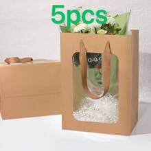 5-20个装牛皮纸袋，带窗口，透明手提袋，适用于教师节、展览、鲜花礼品、纪念品、零售 - 棕色 - 查看 7