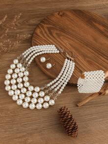夸张多层蒲公英手工串珠仿珍珠项链、手链和耳环三件套，复古波西米亚风 - 白色 - 查看 6