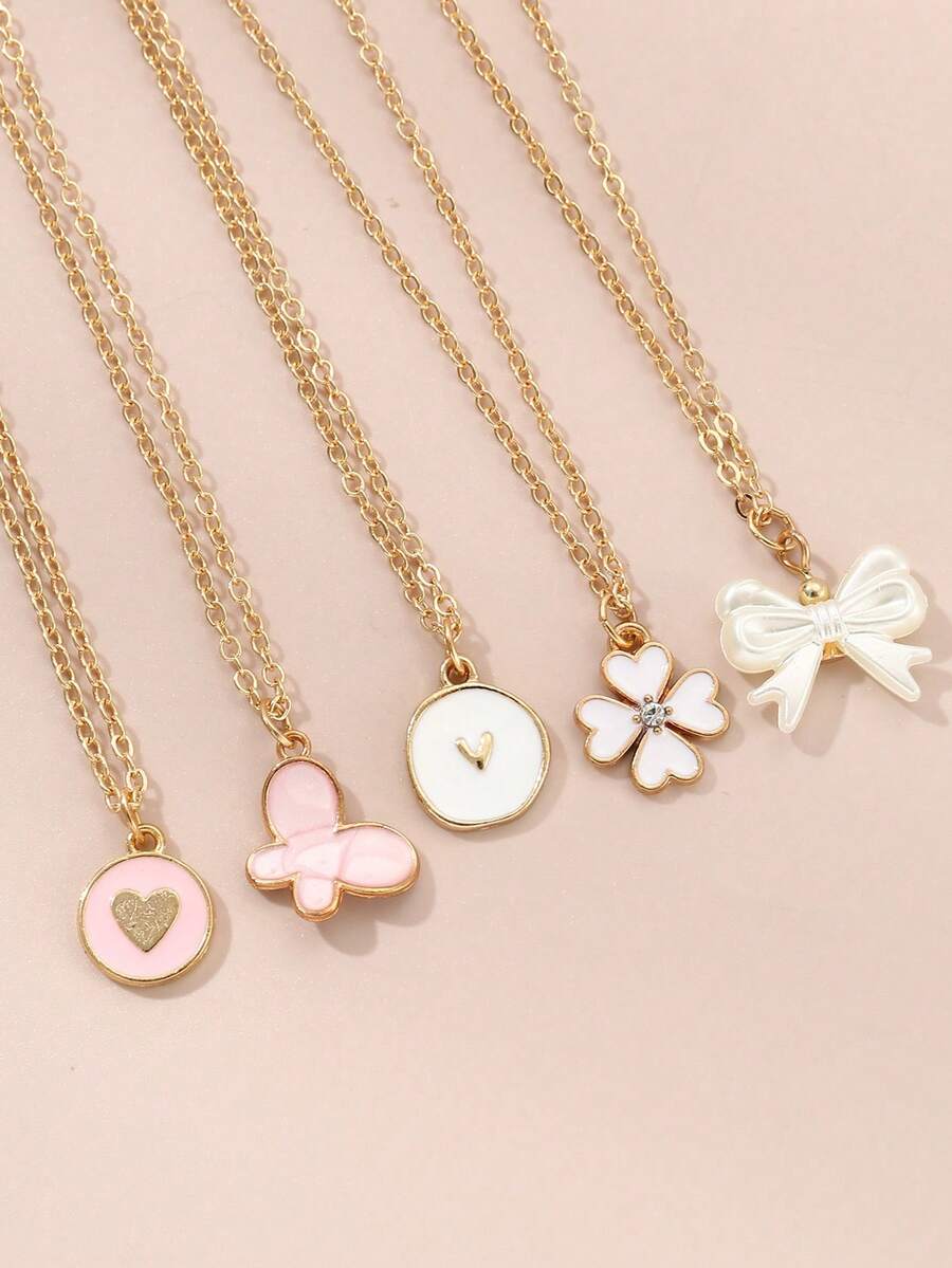 5pcs/Set Fashionable Minimalist Four-Leaf Clover, Heart, Bow Pendant Necklace Set, Suitable For Women's Daily, Vacation, And Date Wear - Multicolor - View 1