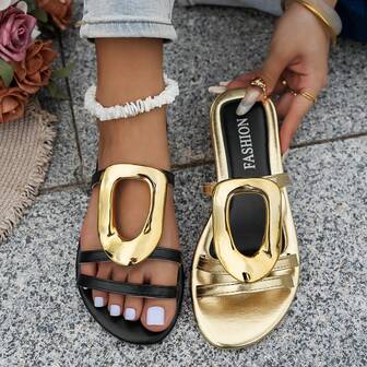 Dam platta sandaler, trendiga fyrkantiga tår och spänne, strandtofflor, bekväma och mångsidiga utomhusskor, sommarnyheter