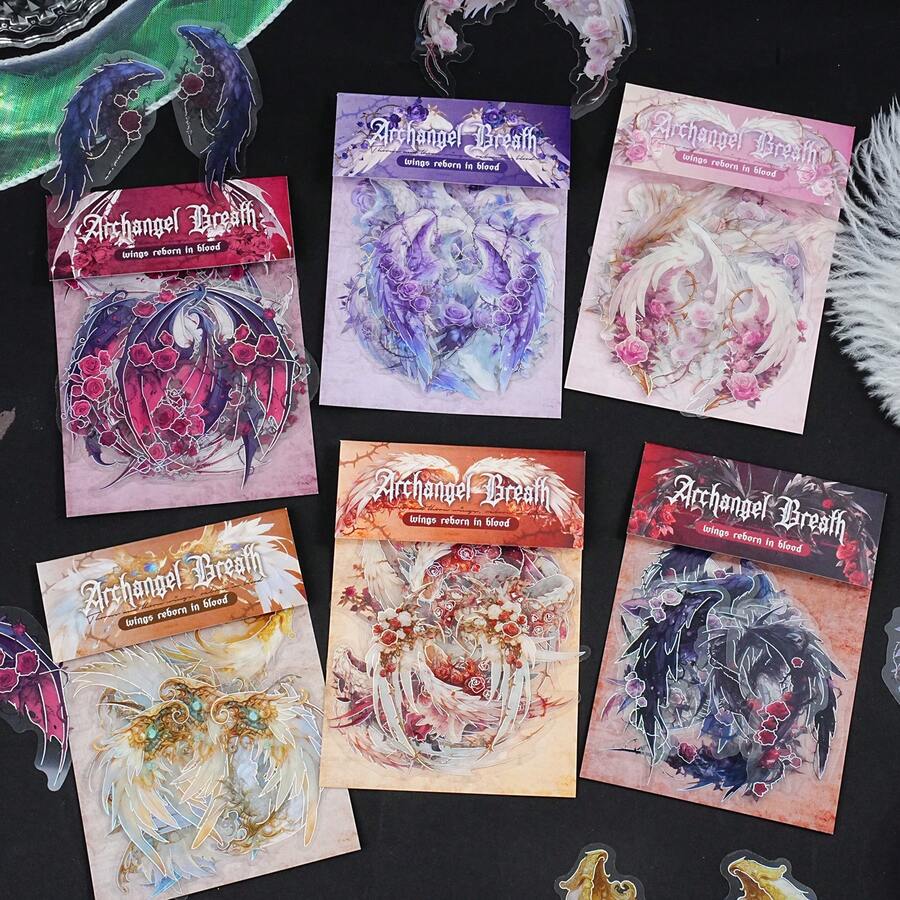 Conjunto de 6 pegatinas de alas de ángel Serafín de PET, para portátil, fundas de teléfono, equipaje, scrapbooking, diarios, motocicletas, tema vintage, juguetes, niños, pegatinas de ángel y demonio - Multicolor - Ver 1