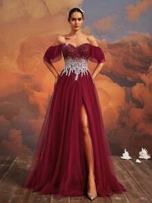 VIPGIRL Heavily Beaded Long Evening Gown, High-End Formal Banquet Party Elegant Maxi Dress With Train - Burgundy - View 4