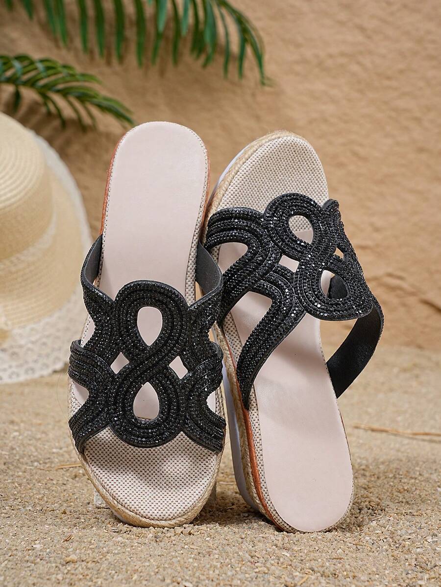 Sandales à paillettes pour femmes, espadrilles à plateforme et talons hauts, sandales compensées d'été à enfiler avec semelle épaisse en corde, confortables sandales de plage compensées, sandales compensées à bout ouvert et semelle épaisse, idéales pour l'été, sandales légères et confortables à enfiler, sandales à plateforme et talons hauts ornées de strass. - Noir - Voir 1