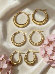 Pendientes de acero inoxidable sólido, joyería de acero inoxidable, pendientes de mujer, pendientes de hipófisis, pendientes redondos con bisagra chapados en oro, bambú, textura, corte de diamante, hexagonal, cuadrado, redondo, forma de mariposa, diseño, pendientes hipoalergénicos sólidos adecuados para oídos sensibles, accesorios de encanto de mujer, joyería de moda de Oriente Medio, joyería y accesorios decorativos de Ramadán, regalos de fiesta y festival (1/3 pares) - Multicolor - Ver 5