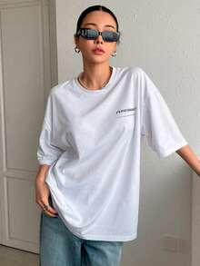 T-Shirt With "Perseverance" Print Lettering. Minimalist, Casual, Modern, Sophisticated, Simple, Basic, Summer, Oversized. - White - View 4