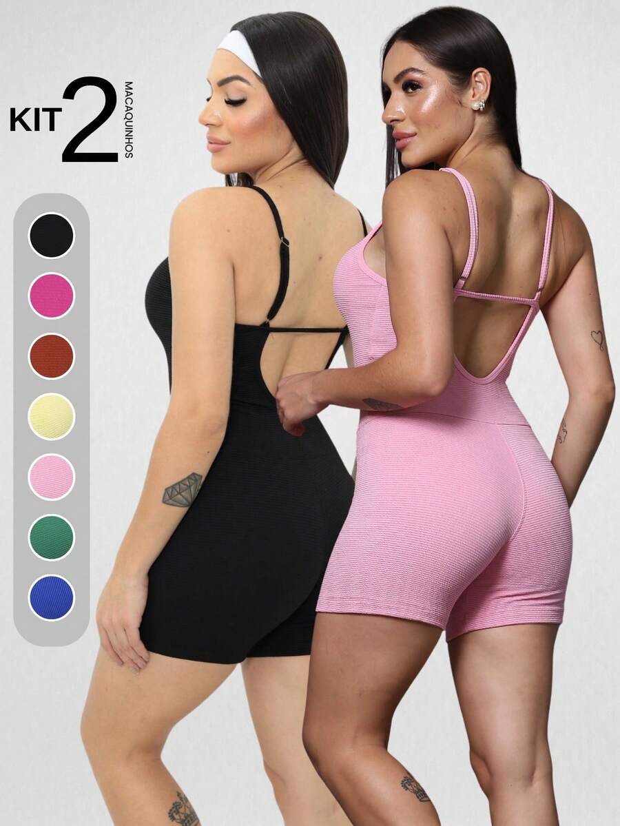Set Of 2 Ribbed Jumpsuits With Straps For Women's Gym And Sportswear - Fitness - Hot Pink - View 1