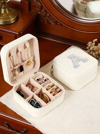 1pc White Faux Pearl Letter Jewelry Box, Travel Jewelry Box, Jewelry Box, Makeup Box, Storage Box, Large Capacity Portable, Vanity Organizer, Best Friend Birthday Gift, Essential For Elegant Girls - Pink Travel Jewelry Box, Women's Birthday Gift, Teenage Girl Christmas Gift, Letter Travel Jewelry Box AZ