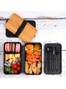 1pc Portable Leak-Proof Lunch Box With Cutlery, Japanese Bento Box, Adult Bento Box, School Lunch Box, Bamboo Lid Lunch Box, Outdoor Travel Insulated Bag, Stackable, Reusable, Suitable For Back To School, Outdoor Travel, Work, Kitchen Food Storage, School Supplies - Multicolor - View 5