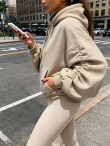 女士新款卡其色抽绳袖侧褶落肩长袖宽松套头衫，时尚简约休闲运动骑行跑步户外基础款卫衣，秋冬款 - 卡其色 - 查看 6